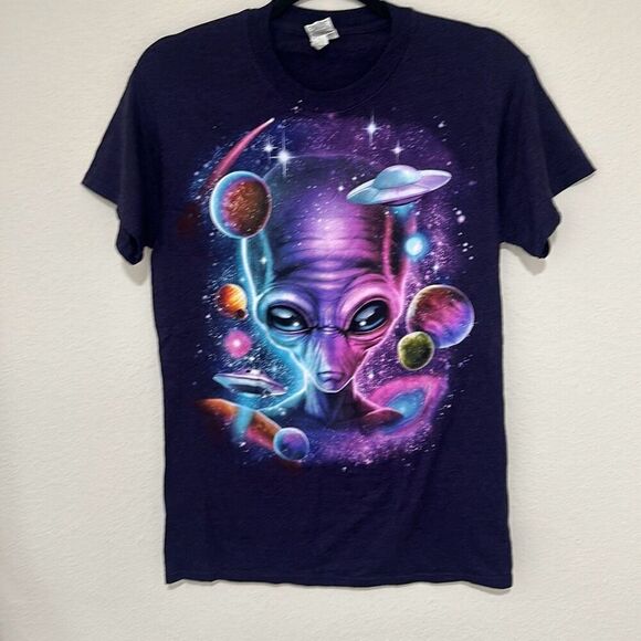Gildan Other - Gildan Mens Dark Purple Alien Outer Space Graphic T-Shirt Size Small